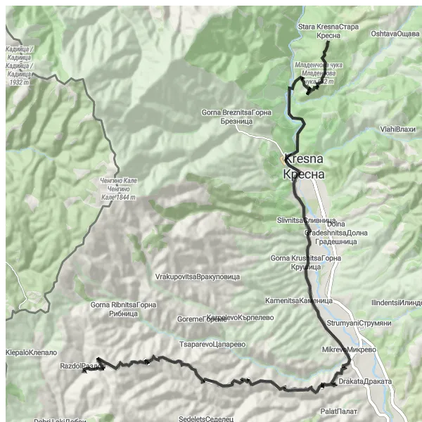 Map miniature of "Mladenchova chuka Loop" cycling inspiration in Yugozapaden, Bulgaria. Generated by Tarmacs.app cycling route planner