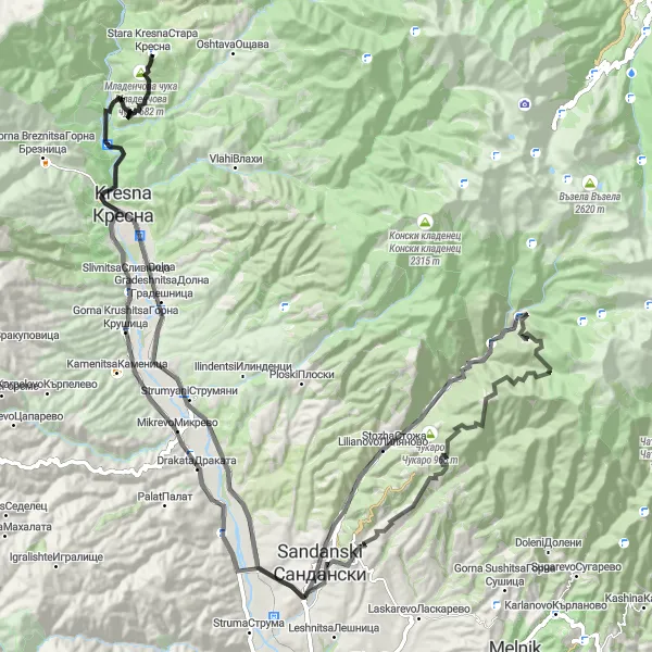 Map miniature of "The Kresna Valley Loop" cycling inspiration in Yugozapaden, Bulgaria. Generated by Tarmacs.app cycling route planner