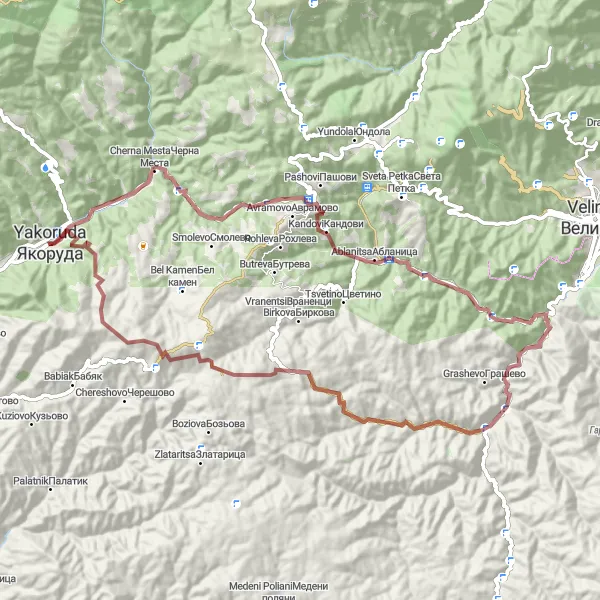 Map miniature of "Yakoruda and Ortsevo Gravel Ride" cycling inspiration in Yugozapaden, Bulgaria. Generated by Tarmacs.app cycling route planner