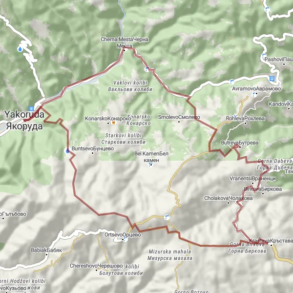 Map miniature of "Yakoruda - Ortsevo Gravel Loop" cycling inspiration in Yugozapaden, Bulgaria. Generated by Tarmacs.app cycling route planner