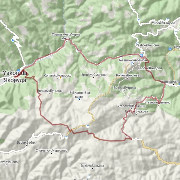 Map miniature of "Yakoruda - Ortsevo Gravel Adventure" cycling inspiration in Yugozapaden, Bulgaria. Generated by Tarmacs.app cycling route planner