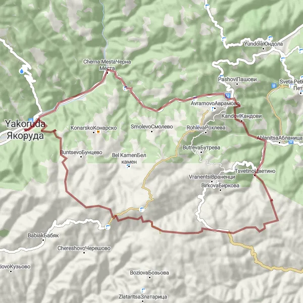 Map miniature of "Thrilling Gravel Adventure: Yakoruda to Ortsevo" cycling inspiration in Yugozapaden, Bulgaria. Generated by Tarmacs.app cycling route planner