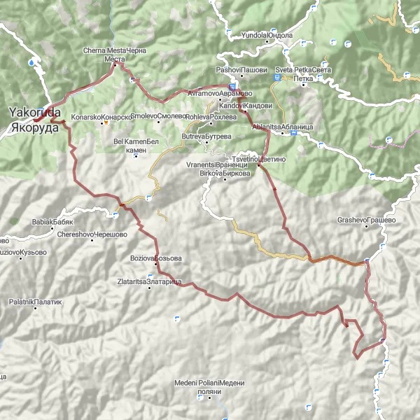 Map miniature of "Yakoruda - Shkodrova Mogila Gravel Adventure" cycling inspiration in Yugozapaden, Bulgaria. Generated by Tarmacs.app cycling route planner