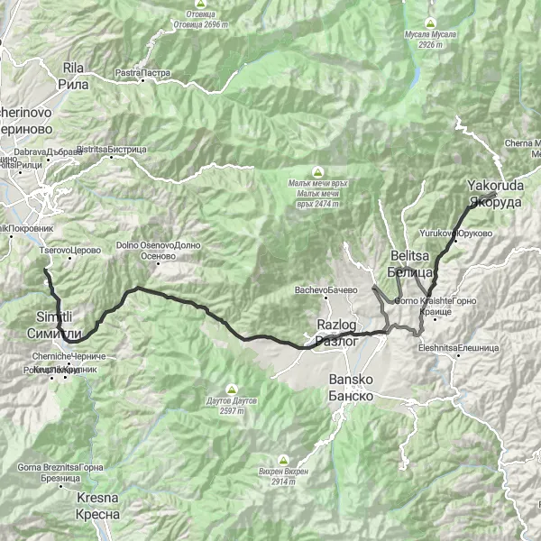 Map miniature of "Rhodope Mountain Road Adventure" cycling inspiration in Yugozapaden, Bulgaria. Generated by Tarmacs.app cycling route planner