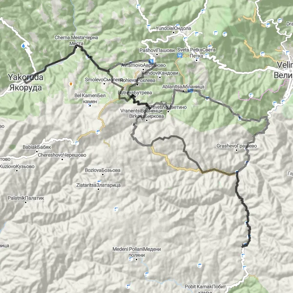 Map miniature of "The Ultimate Challenge: Yakoruda to Smolevo" cycling inspiration in Yugozapaden, Bulgaria. Generated by Tarmacs.app cycling route planner