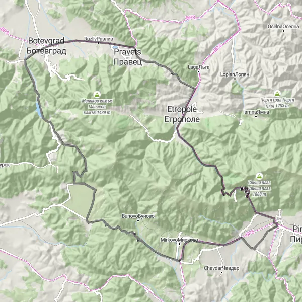 Map miniature of "Gusenets Gravel Adventure" cycling inspiration in Yugozapaden, Bulgaria. Generated by Tarmacs.app cycling route planner