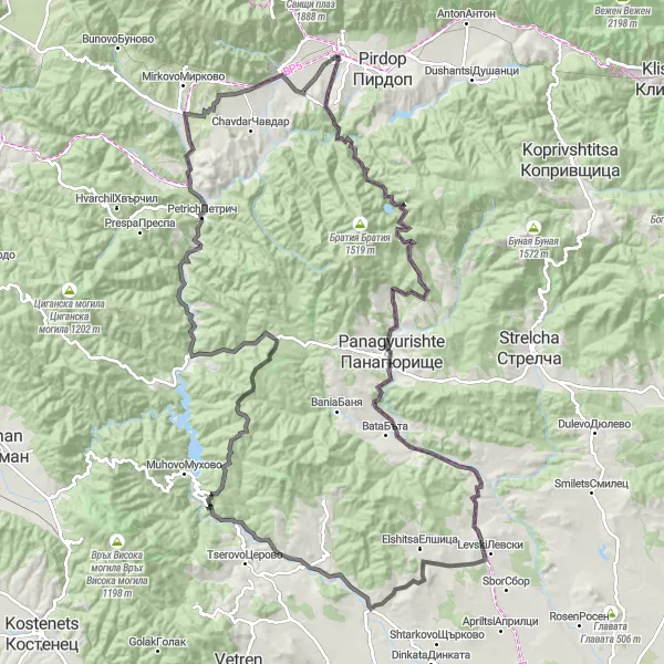 Map miniature of "Zlatitsa to Chelopech Road Cycling Route via Levski" cycling inspiration in Yugozapaden, Bulgaria. Generated by Tarmacs.app cycling route planner