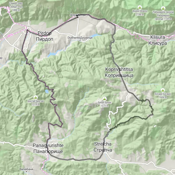 Map miniature of "Pirdop Loop" cycling inspiration in Yugozapaden, Bulgaria. Generated by Tarmacs.app cycling route planner