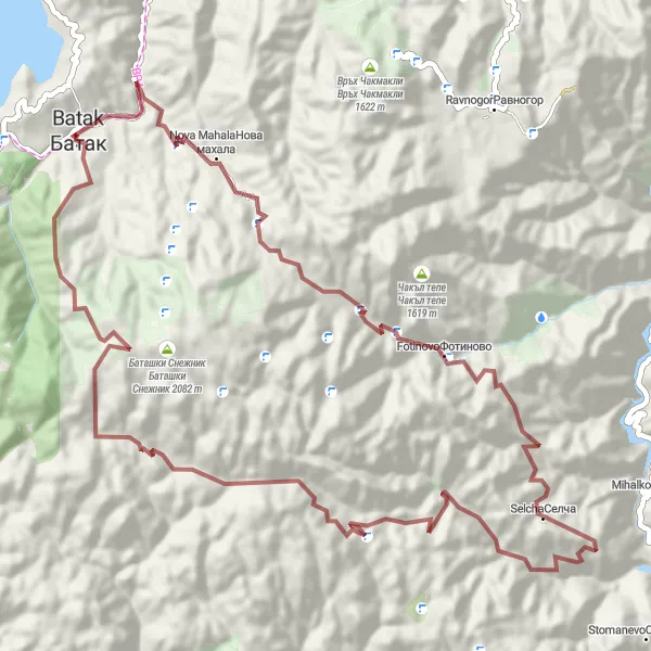 Map miniature of "Gravel Adventure: Batak-Nova Mahala-Fotinovo-Eminova Kaba-Selcha-Karlaka" cycling inspiration in Yuzhen tsentralen, Bulgaria. Generated by Tarmacs.app cycling route planner