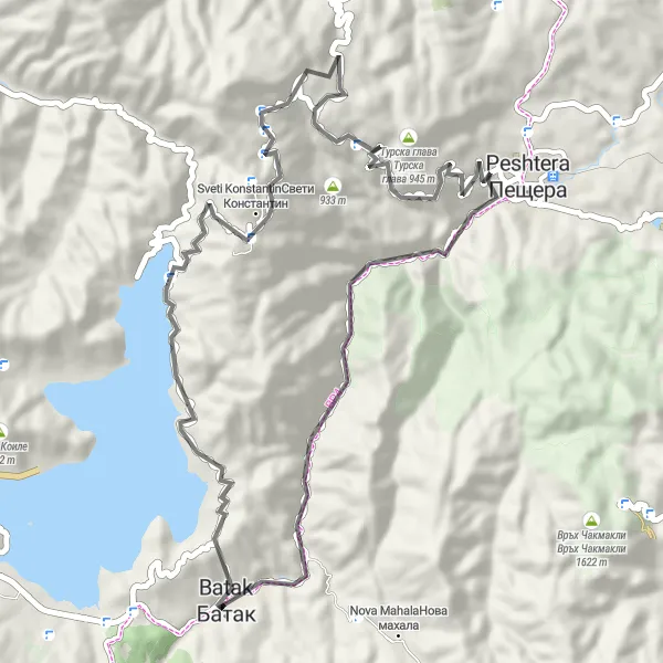 Map miniature of "Road Cycling Loop: Batak-Tsarev Vrah-Peshtera" cycling inspiration in Yuzhen tsentralen, Bulgaria. Generated by Tarmacs.app cycling route planner