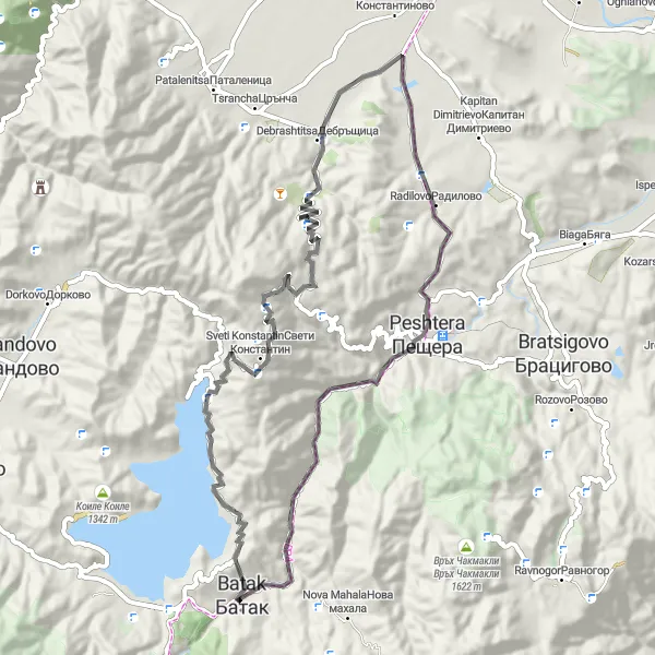 Map miniature of "Batak to Curev Vrah Loop" cycling inspiration in Yuzhen tsentralen, Bulgaria. Generated by Tarmacs.app cycling route planner