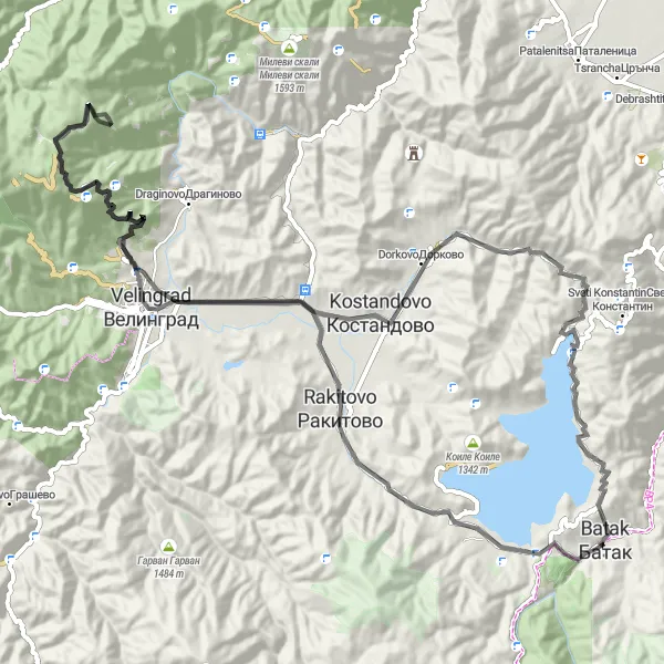 Map miniature of "Batak to Elin Vrah" cycling inspiration in Yuzhen tsentralen, Bulgaria. Generated by Tarmacs.app cycling route planner