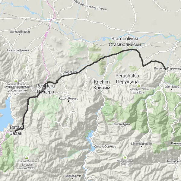 Map miniature of "Road Cycling Exploration: Batak-Peshtera-Biaga-Широкия връх-Novo Selo-Крепост "Перистера"" cycling inspiration in Yuzhen tsentralen, Bulgaria. Generated by Tarmacs.app cycling route planner