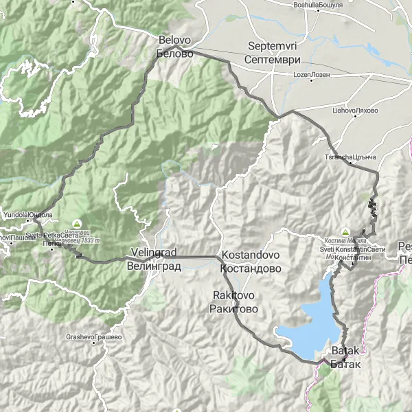 Map miniature of "Road Cycling Challenge: Batak-Sveta Troitsa-Rakitovo-Velingrad-Iumerov Vrah-Belovo-Varvara-Patalenitsa-Tsarev Vrah" cycling inspiration in Yuzhen tsentralen, Bulgaria. Generated by Tarmacs.app cycling route planner