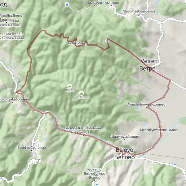 Map miniature of "Belovo - Gabrovitsa - Golak - Akandzhievo" cycling inspiration in Yuzhen tsentralen, Bulgaria. Generated by Tarmacs.app cycling route planner