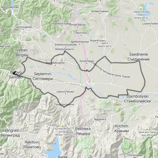 Map miniature of "Belovo - Akandzhievo - Karabunar - Ivailo - Tsalapitsa - Ognianovo - Glavinitsa - Patalenitsa - Varvara - Belovo" cycling inspiration in Yuzhen tsentralen, Bulgaria. Generated by Tarmacs.app cycling route planner