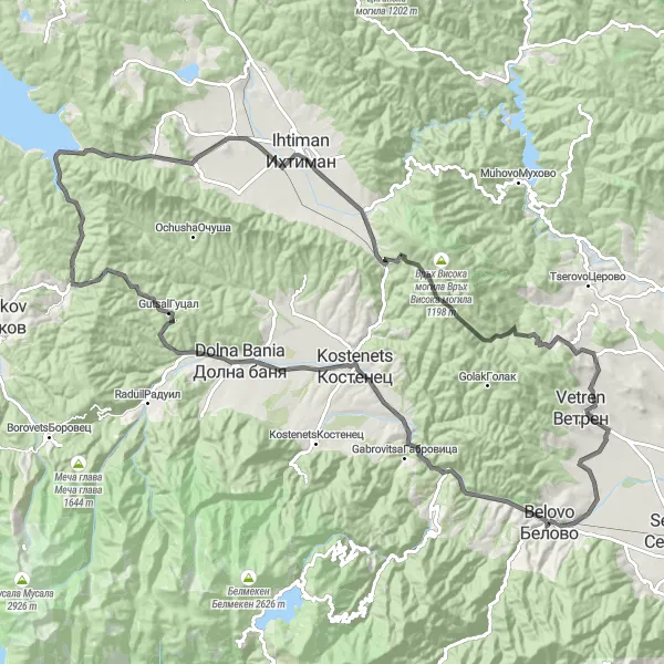 Map miniature of "Belovo to Radeva Mogila and Back" cycling inspiration in Yuzhen tsentralen, Bulgaria. Generated by Tarmacs.app cycling route planner