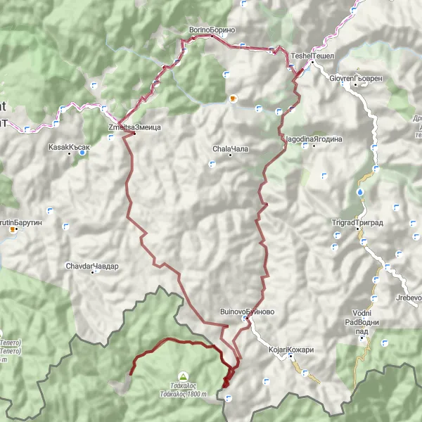 Map miniature of "Mountainous Gravel Journey" cycling inspiration in Yuzhen tsentralen, Bulgaria. Generated by Tarmacs.app cycling route planner