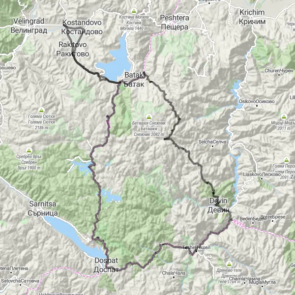 Map miniature of "Borino Loop" cycling inspiration in Yuzhen tsentralen, Bulgaria. Generated by Tarmacs.app cycling route planner