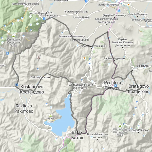 Map miniature of "Batak Mountain Ride" cycling inspiration in Yuzhen tsentralen, Bulgaria. Generated by Tarmacs.app cycling route planner