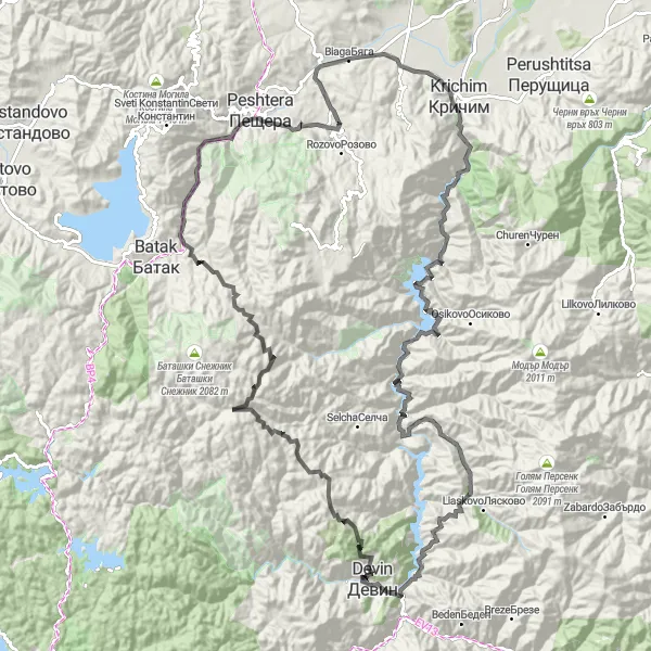 Map miniature of "Bratsigovo-Biaga-Krichim-Yazovir Vacha-Mihalkovo-Kariktash Bardo-Nova Mahala-Peshtera-Lukovitsa" cycling inspiration in Yuzhen tsentralen, Bulgaria. Generated by Tarmacs.app cycling route planner