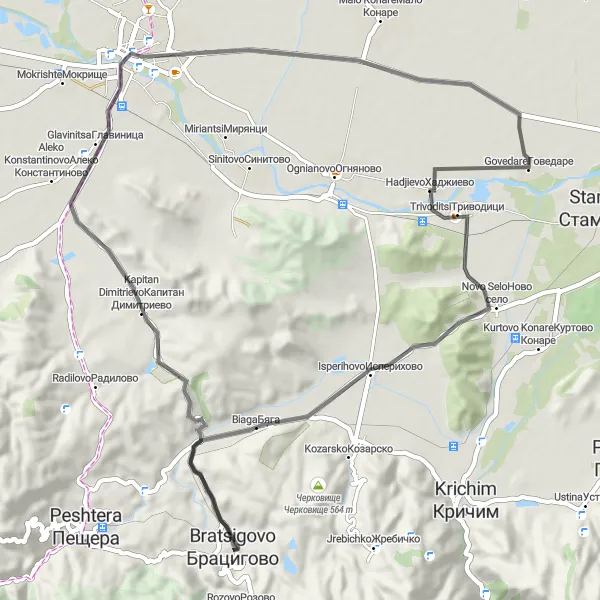 Map miniature of "Bratsigovo to Kapitan Dimitrievo" cycling inspiration in Yuzhen tsentralen, Bulgaria. Generated by Tarmacs.app cycling route planner