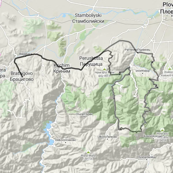 Map miniature of "Kaloya Peak Challenge" cycling inspiration in Yuzhen tsentralen, Bulgaria. Generated by Tarmacs.app cycling route planner