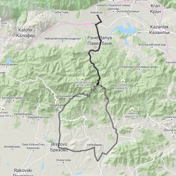 Map miniature of "Brezovo - Rozovets Round-trip" cycling inspiration in Yuzhen tsentralen, Bulgaria. Generated by Tarmacs.app cycling route planner