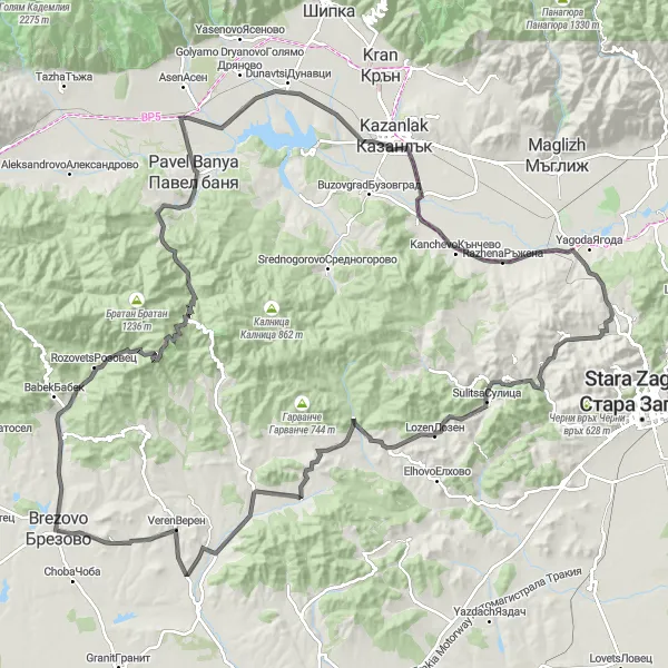 Map miniature of "The Kazanlak Grand Tour: Exploring Yuzhen tcentralen's Scenic Roads" cycling inspiration in Yuzhen tsentralen, Bulgaria. Generated by Tarmacs.app cycling route planner