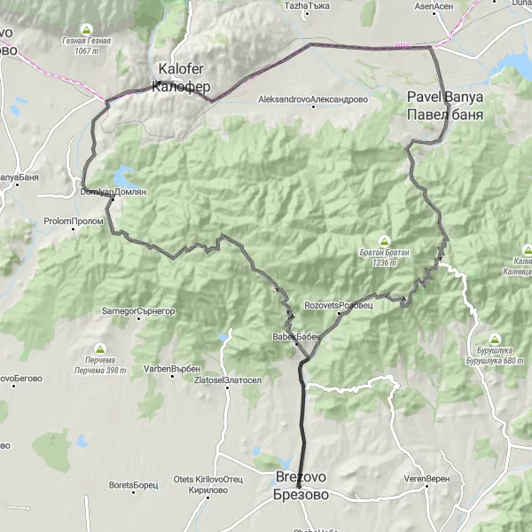 Map miniature of "Challenging Road Loop: Brezovo to Pavel Banya" cycling inspiration in Yuzhen tsentralen, Bulgaria. Generated by Tarmacs.app cycling route planner