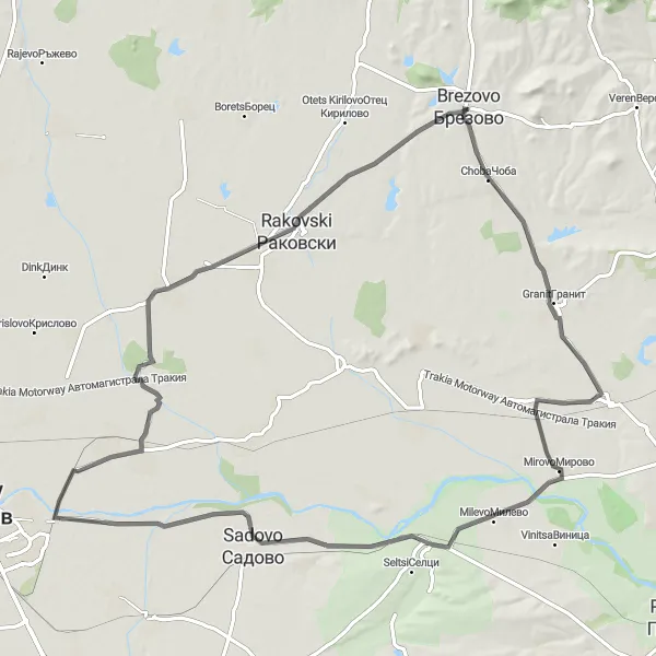 Map miniature of "Scenic Road Loop from Brezovo to Sadovo" cycling inspiration in Yuzhen tsentralen, Bulgaria. Generated by Tarmacs.app cycling route planner