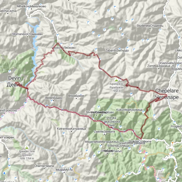 Map miniature of "Stoikite Gravel Loop" cycling inspiration in Yuzhen tsentralen, Bulgaria. Generated by Tarmacs.app cycling route planner