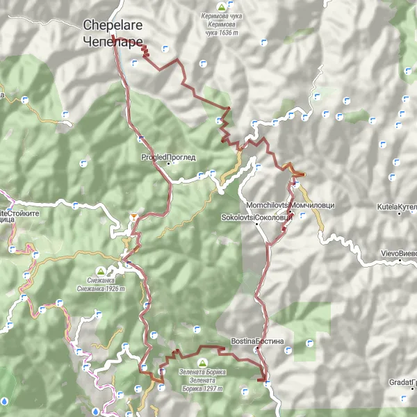 Map miniature of "Levochevo Gravel Loop" cycling inspiration in Yuzhen tsentralen, Bulgaria. Generated by Tarmacs.app cycling route planner