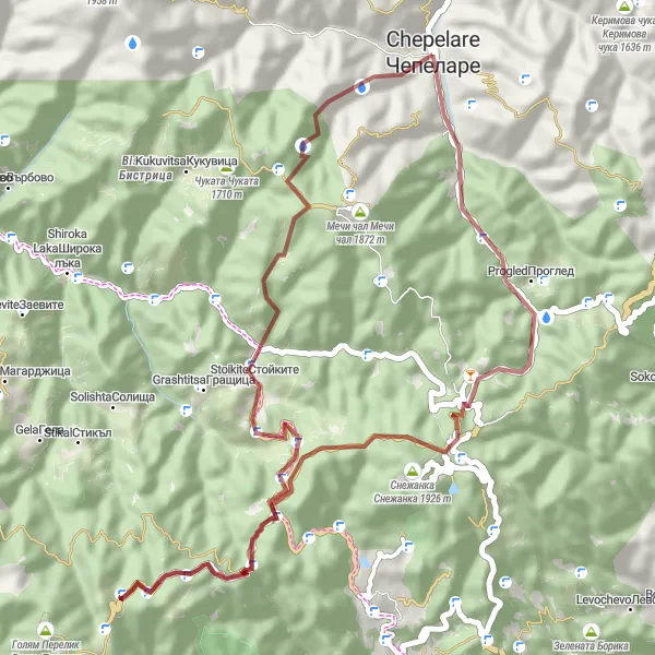 Map miniature of "Snezhanka Gravel Loop" cycling inspiration in Yuzhen tsentralen, Bulgaria. Generated by Tarmacs.app cycling route planner