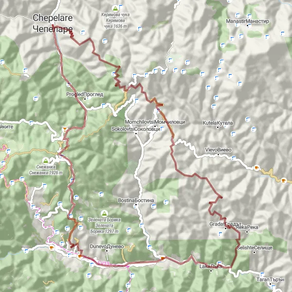 Map miniature of "Rozhen Gravel Adventure" cycling inspiration in Yuzhen tsentralen, Bulgaria. Generated by Tarmacs.app cycling route planner