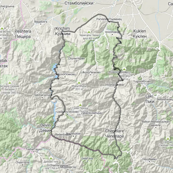 Map miniature of "Rhodope Mountain Road Adventure" cycling inspiration in Yuzhen tsentralen, Bulgaria. Generated by Tarmacs.app cycling route planner