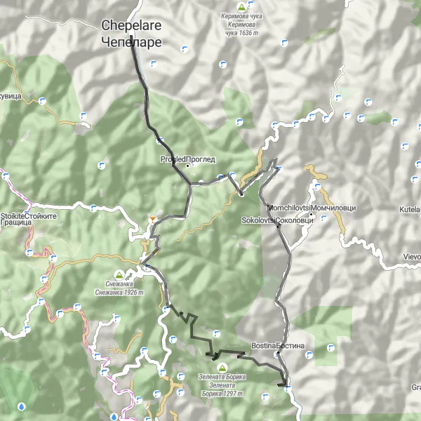 Map miniature of "Murgravec Loop" cycling inspiration in Yuzhen tsentralen, Bulgaria. Generated by Tarmacs.app cycling route planner