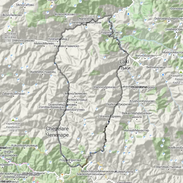 Map miniature of "Narechenski Bani Loop" cycling inspiration in Yuzhen tsentralen, Bulgaria. Generated by Tarmacs.app cycling route planner