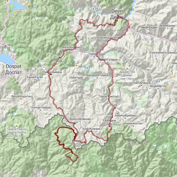 Map miniature of "Gravel Route: Devin to Yuzhen tsentralen Extreme" cycling inspiration in Yuzhen tsentralen, Bulgaria. Generated by Tarmacs.app cycling route planner