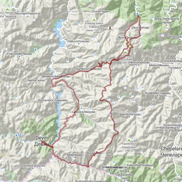 Map miniature of "Gravel Route: Devin to Yuzhen tsentralen Adventure" cycling inspiration in Yuzhen tsentralen, Bulgaria. Generated by Tarmacs.app cycling route planner