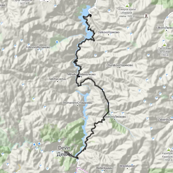 Map miniature of "Mihalkovo and Kamenistiya Vrah Road Journey" cycling inspiration in Yuzhen tsentralen, Bulgaria. Generated by Tarmacs.app cycling route planner