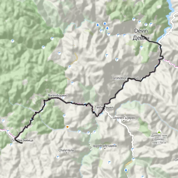 Map miniature of "Road Route: Devin to Yuzhen tsentralen" cycling inspiration in Yuzhen tsentralen, Bulgaria. Generated by Tarmacs.app cycling route planner