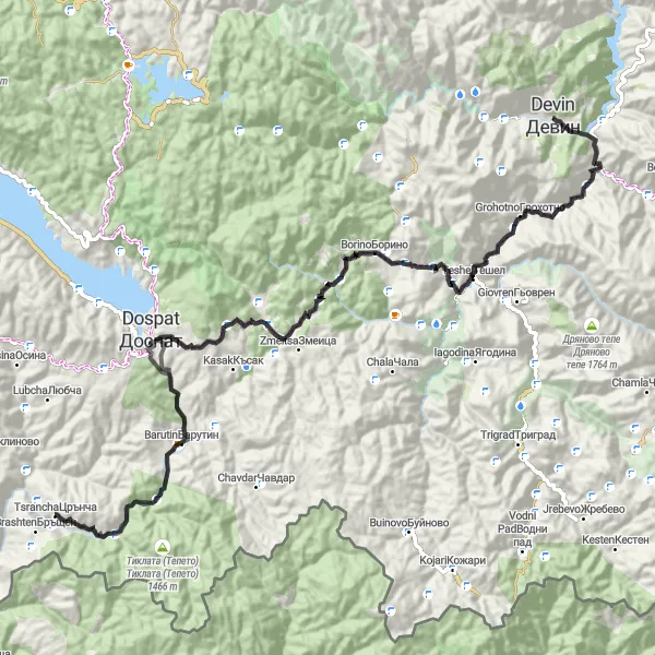 Map miniature of "Road Route: Devin to Yuzhen tsentralen Extended" cycling inspiration in Yuzhen tsentralen, Bulgaria. Generated by Tarmacs.app cycling route planner