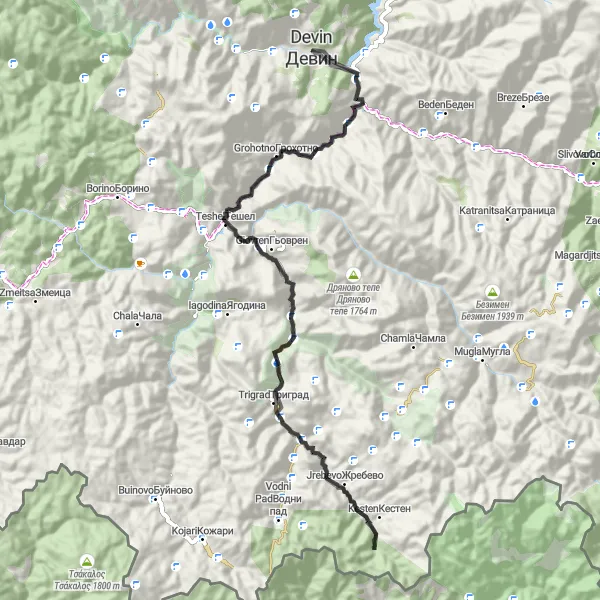 Map miniature of "Road Route: Devin to Yuzhen tsentralen Scenic" cycling inspiration in Yuzhen tsentralen, Bulgaria. Generated by Tarmacs.app cycling route planner