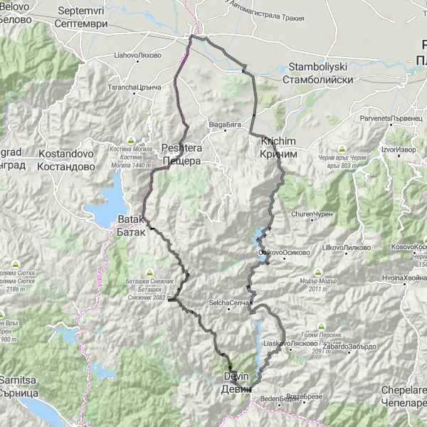 Map miniature of "Nova Mahala and Krichim Road Challenge" cycling inspiration in Yuzhen tsentralen, Bulgaria. Generated by Tarmacs.app cycling route planner