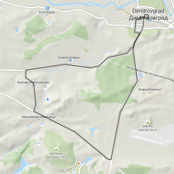 Map miniature of "Dimitrovgrad to Klokotnitsa and Back" cycling inspiration in Yuzhen tsentralen, Bulgaria. Generated by Tarmacs.app cycling route planner