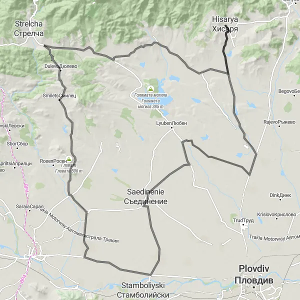 Map miniature of "Hisarya Epic Road Cycling Route" cycling inspiration in Yuzhen tsentralen, Bulgaria. Generated by Tarmacs.app cycling route planner