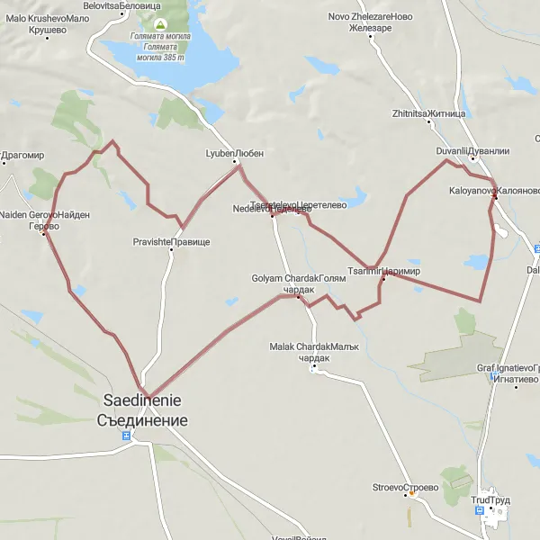 Map miniature of "Kaloyanovo - Golyam Chardak - Saedinenie - Nedelevo - Kaloyanovo" cycling inspiration in Yuzhen tsentralen, Bulgaria. Generated by Tarmacs.app cycling route planner