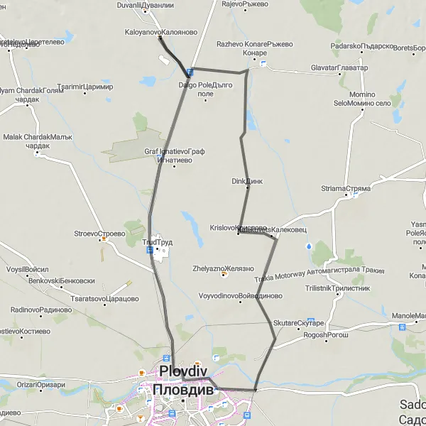 Map miniature of "Kaloyanovo - Krislovo - Trud - Kaloyanovo" cycling inspiration in Yuzhen tsentralen, Bulgaria. Generated by Tarmacs.app cycling route planner