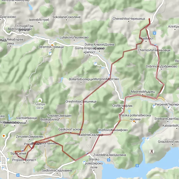 Map miniature of "Gravel Cycling - Kardzhali Circuit" cycling inspiration in Yuzhen tsentralen, Bulgaria. Generated by Tarmacs.app cycling route planner